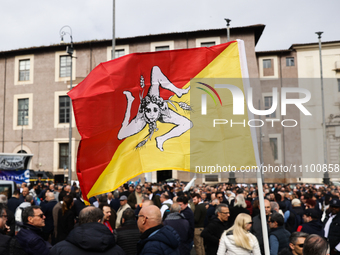 Flag of Sicily is seen during the protest in Rome, Italy on March 25, 2024. (