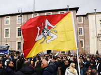 Flag of Sicily is seen during the protest in Rome, Italy on March 25, 2024. (