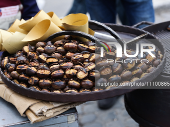 Roasted chestnut are seen in Rome, Italy on March 25, 2024. (