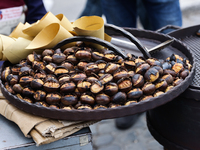 Roasted chestnut are seen in Rome, Italy on March 25, 2024. (