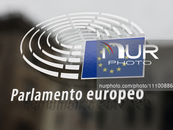 European Parliament logo is seen in Rome, Italy on March 25, 2024. (