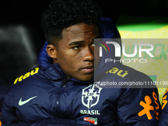 Endrick Centre-Forward of Brazil and Sociedade Esportiva Palmeiras sitting on the bench during the friendly match between Spain and Brazil a...