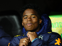 Endrick Centre-Forward of Brazil and Sociedade Esportiva Palmeiras sitting on the bench during the friendly match between Spain and Brazil a...