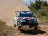 Kalle Rovanpera and co-driver Jonne Halttunen of the Toyota Gazoo Racing WRT team are driving the Toyota GR Yaris Rally1 Hybrid as they face...