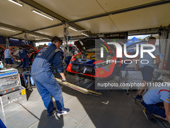 The Hyundai Shell Mobis World Rally Team is servicing their Hyundai i20 N Rally1 Hybrid in the service park in Naivasha, Kenya, during the F...