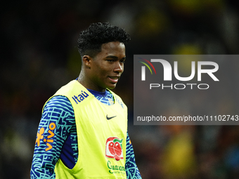 Endrick Centre-Forward of Brazil and Sociedade Esportiva Palmeiras during the warm-up before the friendly match between Spain and Brazil at...