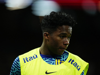 Endrick Centre-Forward of Brazil and Sociedade Esportiva Palmeiras during the warm-up before the friendly match between Spain and Brazil at...