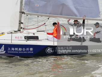 Olympic diving champion Huo Liang is participating as the ''captain'' of the J80 Sailing boat during the 2024 Shanghai Sailing Open exhibiti...