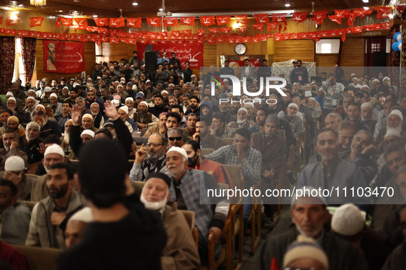 Workers are listening as Jammu Kashmir National Conference Vice-President and Former J&K Chief Minister Omar Abdullah speaks to a gathering...