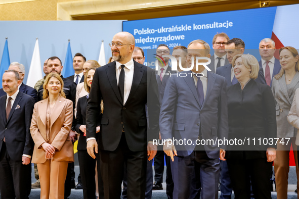 Prime Minister of Poland, Donald Tusk and Prime Minister of Ukraine, Denys Shmyhal arrive for a family photo as Ukrainian delegation visits...