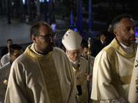 Cardinal Odilo Pedro Scherer is presiding over the Liturgy of the Light during the Easter Vigil Mass at the Cathedral of Se in Sao Paulo, Br...