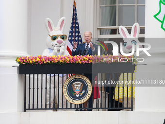 President Biden addresses people attending the 2024 White House Easter Egg Roll on the South Lawn of the White House in Washington, D.C. on...