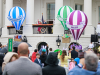 President Biden and First Lady Jill Biden address people attending the 2024 White House Easter Egg Roll on the South Lawn of the White House...
