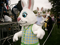 People in Easter Bunny costumes enter the 2024 White House Easter Egg Roll on the South Lawn of the White House in Washington, D.C. on April...