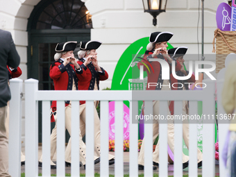 A fife and drum corps band performs at the 2024 White House Easter Egg Roll on the South Lawn of the White House in Washington, D.C. on Apri...