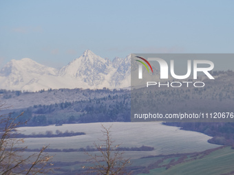 A general view of the Tatra Mountains is being seen near Levoca, Presovsky Kraj, Slovakia, on March 24, 2024. The historic town of Levoca, l...