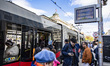 Passengers are getting in and out of a tram on the Ringstrasse in Vienna, Austria, on Apri...