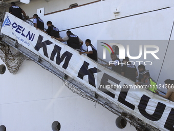 Members of the Narcotics Police are entering through the emergency door of the Indonesian shipping vessel KM Kelud, which has arrived at the...