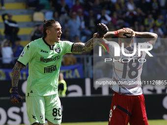 Stefano Turati of Frosinone is celebrating after making a save during the Serie A soccer match between SSC Frosinone Calcio and Bologna FC a...