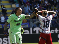Stefano Turati of Frosinone is celebrating after making a save during the Serie A soccer match between SSC Frosinone Calcio and Bologna FC a...