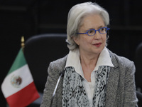Raquel Serur Smeke, Mexico's ambassador to Ecuador, is giving a message to the media at Mexico City's International Airport, as part of the...