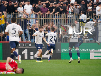 Matteo Politano is celebrating the goal with his teammates during the AC Monza versus SSC Napoli match in Serie A at U-Power Stadium in Monz...
