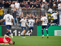 Matteo Politano is celebrating the goal with his teammates during the AC Monza versus SSC Napoli match in Serie A at U-Power Stadium in Monz...