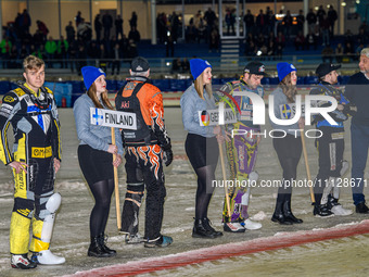 Riders are waiting to be introduced to the fans during the FIM Ice Speedway Gladiators World Championship Final 4 at Ice Rink Thialf in Heer...