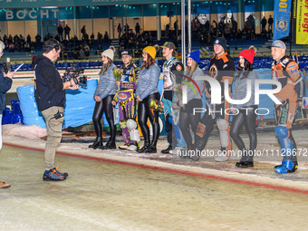 The riders are being introduced to the fans during the FIM Ice Speedway Gladiators World Championship Final 4 at Ice Rink Thialf in Heerenve...