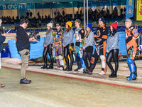 The riders are being introduced to the fans during the FIM Ice Speedway Gladiators World Championship Final 4 at Ice Rink Thialf in Heerenve...