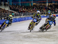 Sweden's Martin Haarahiltunen (199) in red is riding inside Germany's Max Niedermaier (88) in white and Sweden's Jimmy Olsen (81) in yellow,...