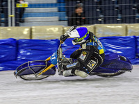 Sweden's Jimmy Olsen, number 81, is competing in the FIM Ice Speedway Gladiators World Championship Final 4 at Ice Rink Thialf in Heerenveen...