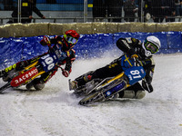 Sweden's Jimmy Olsen (81) in white is riding inside the Netherlands' Jasper Iwema (800) in red during the FIM Ice Speedway Gladiators World...