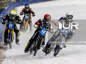 Finland's Max Koivula (24) in white is riding inside Sweden's Stefan Svensson (58) in red, with Sweden's Jimmy Olsen (81) in yellow and Germ...