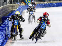 Stefan Svensson of Sweden, number 58 in red, is riding inside Sweden's Jimmy Olsen, number 81 in yellow, with Finland's Max Koivula, number...