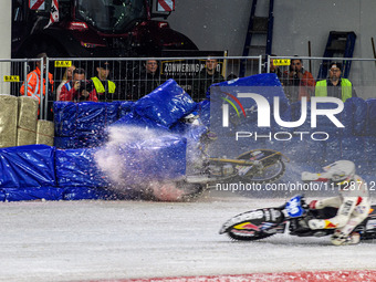 Max Niedermaier (88) is crashing into the bales during the FIM Ice Speedway Gladiators World Championship Final 4 at Ice Rink Thialf in Heer...