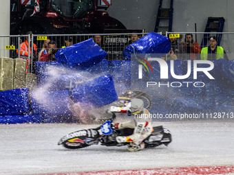 Max Niedermaier (88) is crashing into the bales during the FIM Ice Speedway Gladiators World Championship Final 4 at Ice Rink Thialf in Heer...