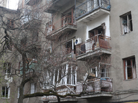 Windows are being knocked out by the shock wave in a residential building after a Russian precision-guided munition hit civil infrastructure...