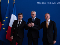 French Minister of Economy Bruno Le Marie (center), Minister of Enterprise and Made in Italy Adolfo Urso (right), and German Minister of Eco...