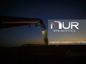 Grain is being unloaded from the combine onto a grain trailer in the last light of the day. (