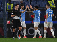 Felipe Anderson of S.S. Lazio is celebrating after scoring the third goal, making it 3-1, during the 32nd day of the Serie A Championship be...