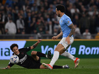Domagoj Bradaric of U.S. Salernitana 1919 and Felipe Anderson of S.S. Lazio are competing during the 32nd day of the Serie A Championship be...