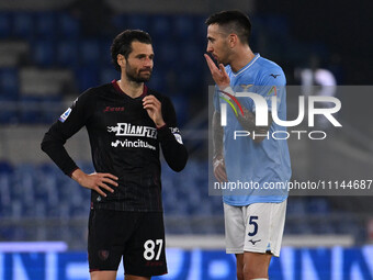 Antonio Candreva of U.S. Salernitana 1919 and Matias Vecino of S.S. Lazio are competing during the 32nd day of the Serie A Championship betw...
