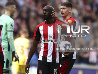 Yoane Wissa is playing for Brentford in the Premier League match against Sheffield United at the Gtech Community Stadium in Brentford, on Ap...