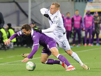 Lucas Beltran of ACF Fiorentina and Matej Vydra of FC Viktoria Plzen are battling for the ball during the UEFA Europa Conference League 2023...