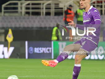 Nikola Milenkovic of ACF Fiorentina is controlling the ball during the UEFA Europa Conference League 2023/24 quarter-final second leg match...
