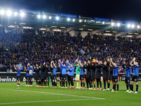 The team, Atalanta BC, is celebrating their win during the UEFA Europa League quarter-finals second leg football match against Liverpool FC...