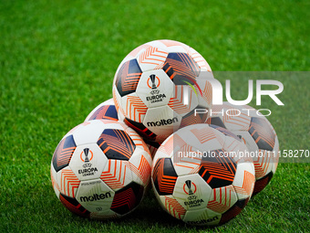 The official UEFA Europa League match balls are on display during the UEFA Europa League quarter-finals, second leg football match between A...