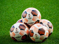 The official UEFA Europa League match balls are on display during the UEFA Europa League quarter-finals, second leg football match between A...