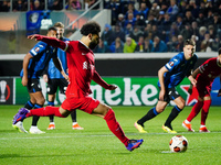 Mohamed Salah of Liverpool FC is scoring a penalty during the UEFA Europa League quarter-finals second leg football match between Atalanta B...